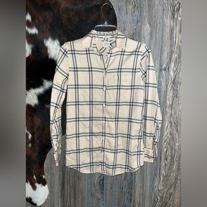 J.Crew size XXS boy fit button up cream and black plaid pocket long sleeve